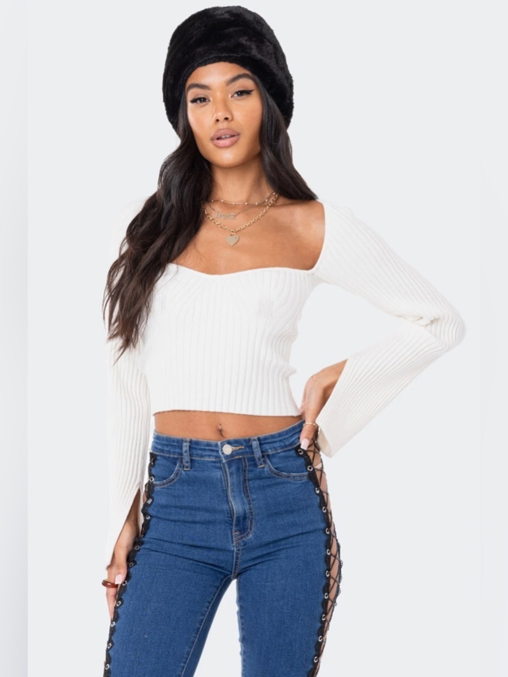 Edikted Women’s Cream Robbie Sweetheart Knitted Top, Size Small